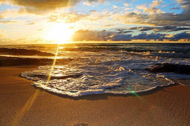 Golden sunset over the ocean from a sandy O'ahu beach
